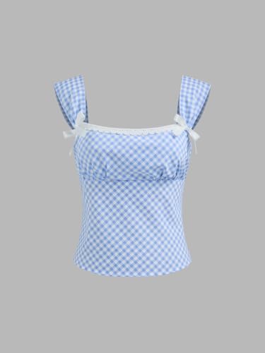 Women Gingham Lace Trim Crop Tank Tops Square Neck Corset Top Plaid Y2K Sleeveless Going Out Tops Slim Fit Cami Shirts2