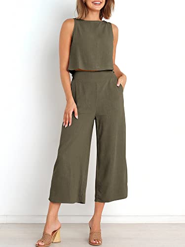 Image of ANRABESS Women's Summer 2 Piece Outfits Sleeveless Tank Crop Button Back Top Cropped Wide Leg Pants Set Pockets