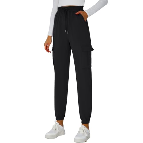 ALASTONE Womens Athletic Pants Knit Cargo Pants Stretchy Hiking Pants Elastic Waist Sweatpants Baggy Soft Joggers Track Pants Relaxed (Black L), Large