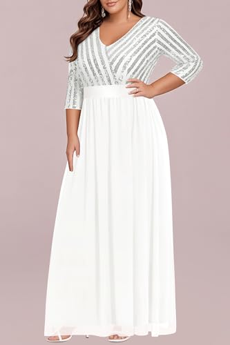 Image of Womens Plus Size Formal Dresses - V Neck 3 /4 Sleeve Sequin Prom Evening Gowns Long Maxi Dres