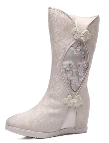 Botas bordadas de estilo chino de la montaña lejana Hanfu, combinadas con botas de aumento de altura interior de disfraz antiguo, dorado claro, 34 EU