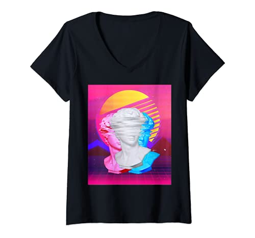 Womens 80s & 90s Grid Sunset with Retrowave Synthwave Glitch Statue V-Neck T-Shirt