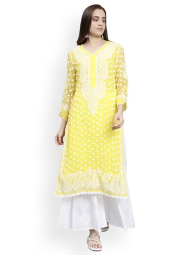 Image of Seva Chikan Hand Embroidered Lucknowi Chikankari Straight Regular Fit Georgette Women's Kurta with Inner Slip SCL4372