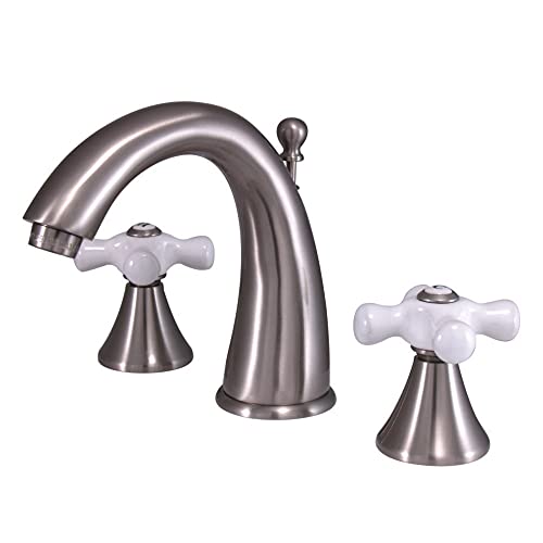 60% Off Discount Kingston Brass KS2978PX Naples Widespread Lavatory Faucet with Porcelain Cross Handle, Brushed Nickel