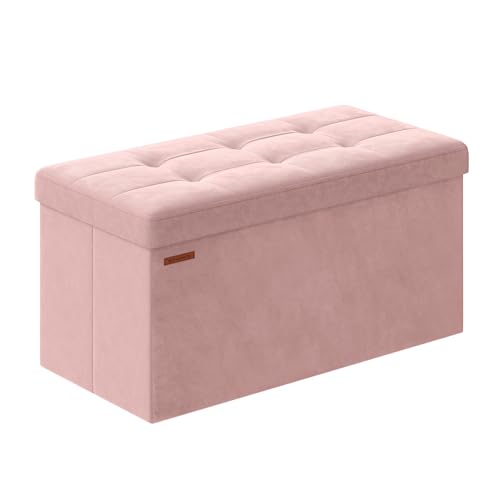 SONGMICS Mazie Collection - Storage Ottoman Bench, Foldable Foot Rest, 15 x 30 x 15 Inches, End of Bed Bench, Storage Chest, Load 660 lb, Living Room, Bedroom, Entryway, Jelly Pink ULSF247R0