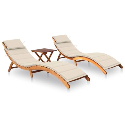 RuiNingRN Hamacas de 2 piezas, con mesa y cojines, madera maciza de acacia, plegable, ajustable, resistente a la intemperie, para jardín, terraza, balcón, piscina con acolchado y reposabrazos