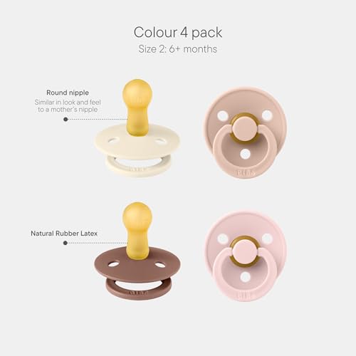 Image of BIBS Pacifiers - Colour 4-Pack | BPA Free Baby Pacifier | Round Nipple Binkies | Natural Rubber Latex Soother | Made in Denmark | Size 6-18 Months | Blush Mix