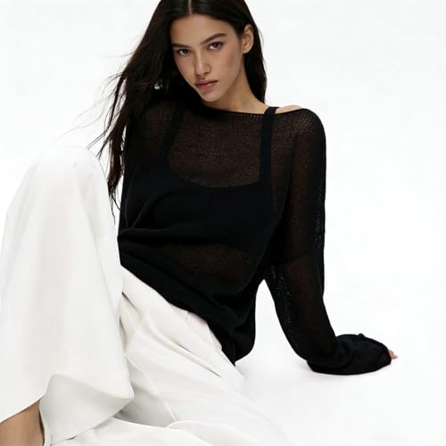 Image of Sweters for Women, Womens Sweater, O-Neck Solid Color See Through Pullover Jumper Shirt Beach