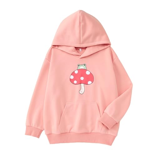 CM C&M WODRO Girls Sweatshirt Kawaii Frog Hoodie Cute Mushroom Long Sleeve Pullover Tops Kids Aesthetic Fall Winter Clothes(Pink,12-13Y)