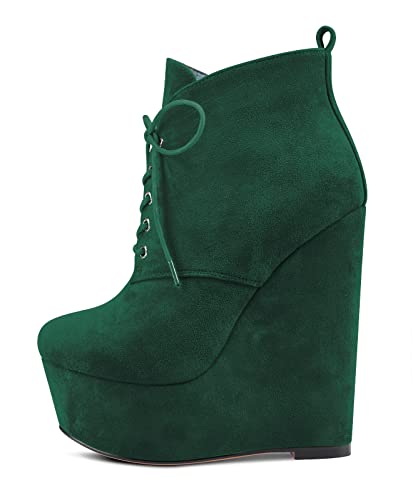 NobleOnly Women High Heel Wedge Platform Round Toe Ankle Boots Short Bootie Lace-up Zipper Dress Classic 6.3 Inches Heels