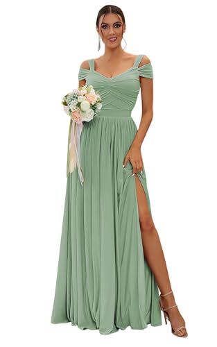 Image of SOLODISH Off The Shoulder Bridesmaid Dresses for Women Sage Green Chiffon Formal Evening Party Dresses with Slit US8