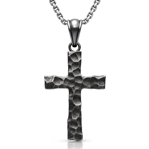 Image of 925 Sterling Silver Cross Necklace Men - Hammered Oxidized Cross Pendant Religious Vintage Unique Crucifix Jewelry Gifts for Him Christian Christmas Birthday