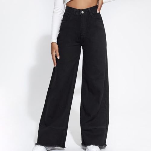 Women's Baggy Wide Leg Jeans High Waisted Casual Black Denim Pants Frayed Raw Hem Fashion Straight Leg Denim Slacks2