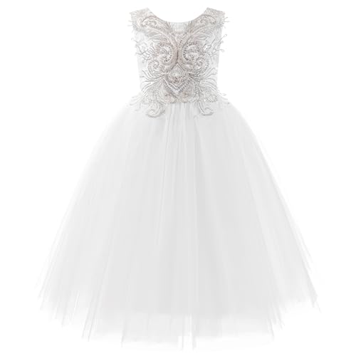 Fancy Sequin Beaded Girls Pageant Ball Gown Lace V Back Flower Girl Dress for Wedding4