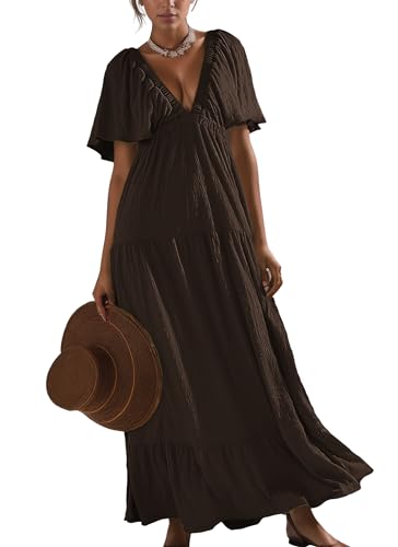 Image of Kikibell Women Summer Dresses Sexy V-Neck Maxi Dress Tiered Silhouette with Flutter Sleeve Backless Elastic Waist Flowy Dress