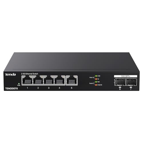 Tenda TEM2007X, 5 Port 2.5G Ethernet Switch, Unmanaged 2.5Gb Switch with 5 x 2.5G Ports & 2 x 10Gb SFP+ Slots, 50Gbps Switching Capacity, Plug & Play, Desktop/ Wall-Mount, Fanless Metal Design