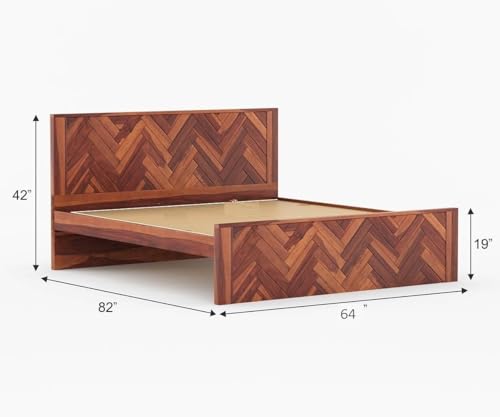 Image of Sheesham Wood Queen Size Bed Without Storage | Wooden Bed Queen Size Double Cot Palang Bed for Bedroom | Zigzag Design Headboard Bed for Living Room | Honey Finish