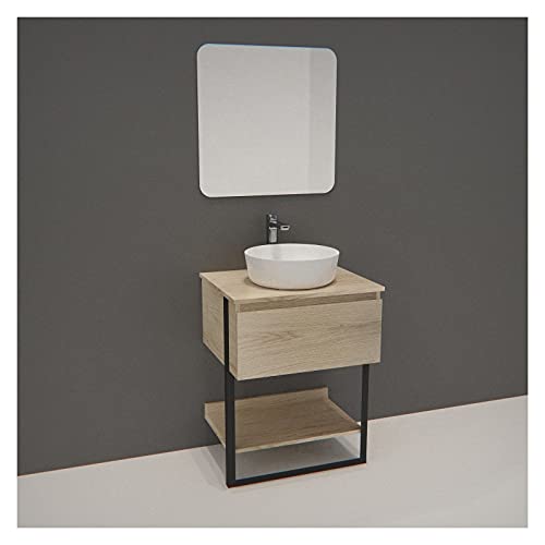 Meuble de Salle de Bain 60 cm Bois et Métal + Vasque Ronde Blanche + Miroir - Nina