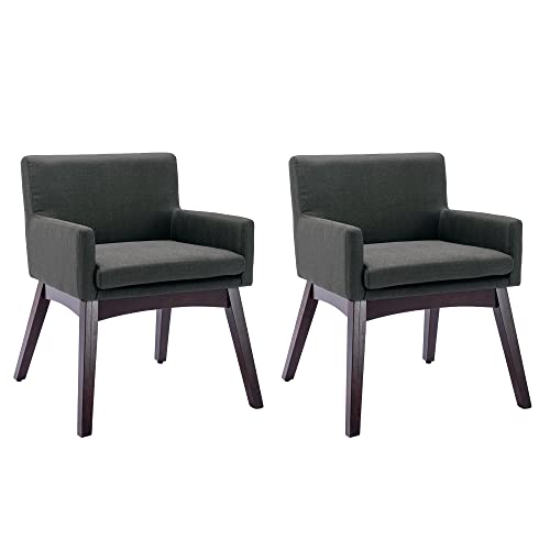 Abet Dining Chairs Set Of 2, Accent Chair Dining Room Kitchen Chair, Mid-Century Armchair With Solid Wood Frame, Padded Seat Backrest And Handrail, Dark Grey Fabric Walnut Wood Finishing Legs #TOP25
