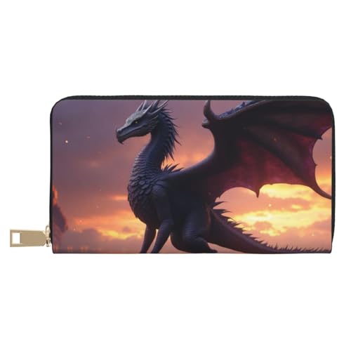 Dark Elegant Dragon Print Wallet Women, Leather Bifold Multi Card Wallet, Long Purse Women's Wallets - Main Image