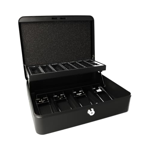 Westcott Caja de Caudales con Cerradura (Grande, 30 cm) Negra | Caja Robusta con Cerradura de Cilindro y 2 Llaves | 4 Compartimentos para Billetes y Bandeja para Monedas | E 51003 BLACK