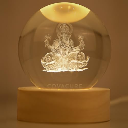 Image of COVACURE 3D Ganesh Crystal Ball Night Lamp, Crystal Ball Night Light with USB, LED Wooden Base Table Lamp for Bedroom Home Office Decor Birthday Gift for Boys Girls (Ganesha 3D Lamp)