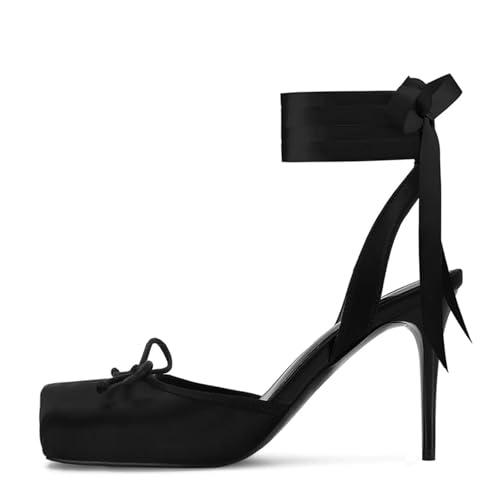 Image of Satin Ballet Heels for Women with Bow Square Toe Ballerina Stiletto Heels Lace Up High Heel Slingback Pumps Strappy Mary Janes Cute Elegant Party Shoes