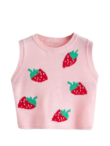 Floerns Women's Sleeveless Round Neck Cute Strawberry Sweater Vest Crop Shirt Top