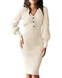Langwyqu Women's V Neck Lantern Long Sleeve Sweater Dress Sexy Bodycon Cable Ribbed Knit Fall Pullover Midi Dresses Apricot
