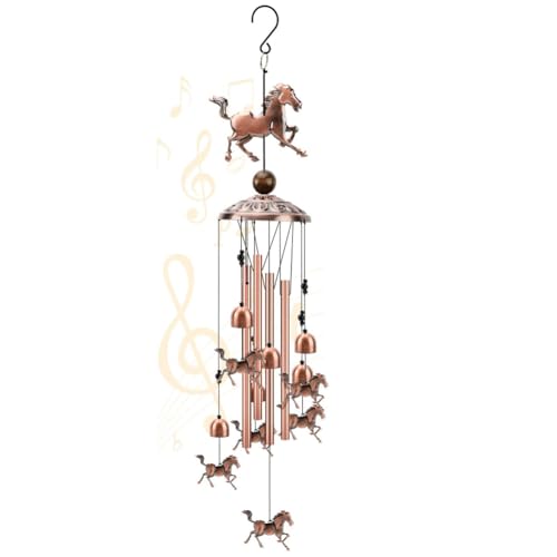 Kissmii Campanas de Viento de Caballo DecoracióN de Campanillas de Viento de Cobre para Exteriores con 1 Cuenta de la Suerte 4 Tubos de Aluminio 6 Campanas Conmemorativas