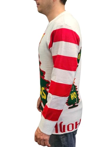 I Love Xmas HO HO HO Ugly Christmas Sweater - Holiday Movie Costume Party 00s Gift - Stripes Tree Star Candy Canes - White4