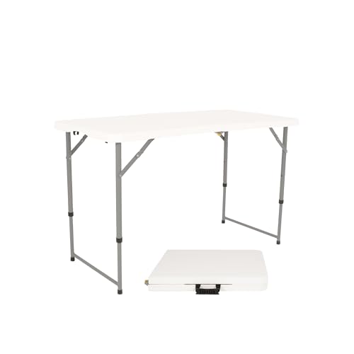 +gardenlife Folding Table 4ft | Heavy Duty Plastic Event Table with Carrying Handle | No Assembly Required | Portable with Side Lock | Powder-Coated Steel Legs, White, Plastic