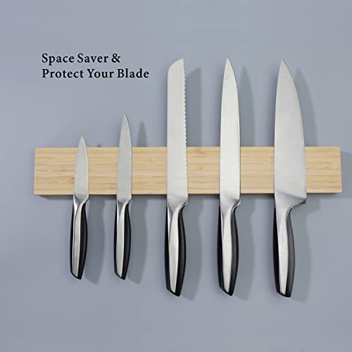 Kitchendao Bamboo Magnetic Knife Holder For Wall 17 Inch Knife Magnetic Strip Bar Rack- 50% Stronger Magnet - Safe, Secure & Easy Storage Solution For Kitchen Knives, Metal Utensils & More #TOP3