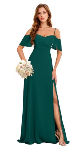 Image of A Line Chiffon Bridesmaid Dresses with Slit Off The Shoulder Formal Evening Gowns US22W HGR93 Teal
