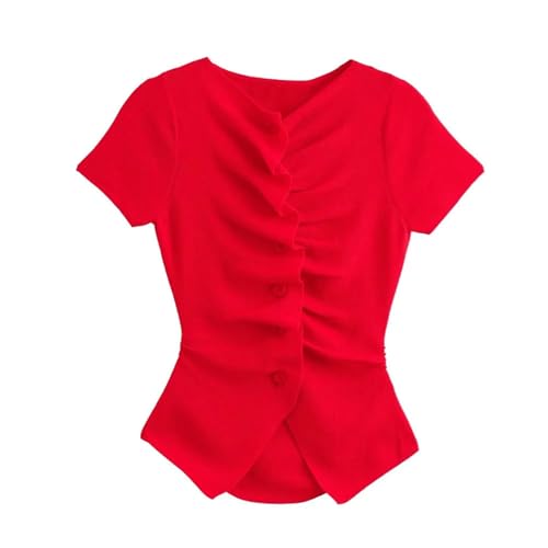 Women's Round Neck Short Sleeve Summer Knitted Slim Fit Button Ruffled Top Cardigan4
