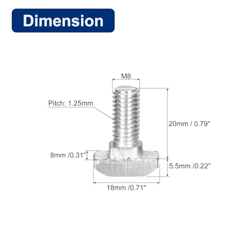Image of uxcell 30Pcs T-Slot Bolts, M8 x 20mm Hammer Head Bolt T Screw Drop-in Stud for 4040 Series T-Slot Aluminum Extrusion Profile, 304 Stainless Steel, Silver