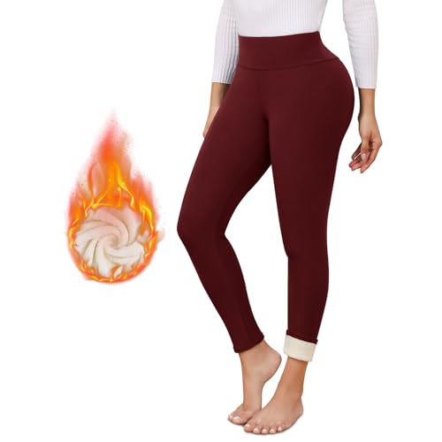 Decorie Leggins Termicos Mujer Invierno Mallas Termicas de Cintura Alta Forro Polar Pantalon Termico (Rojo Burdeos,M)