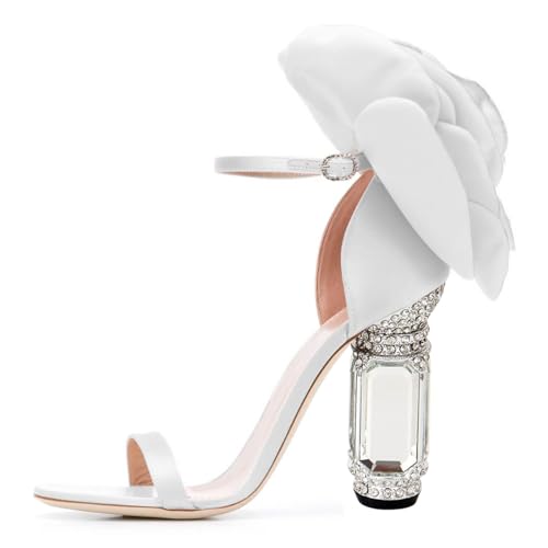 FSJ Women Open Toe Crystal Block Heels Sandals with Flower Bloom Back Ankle Strap Buckle Silk Satin Chunky Thick High Heels Wedding Party Shoes Size 4-16 US2