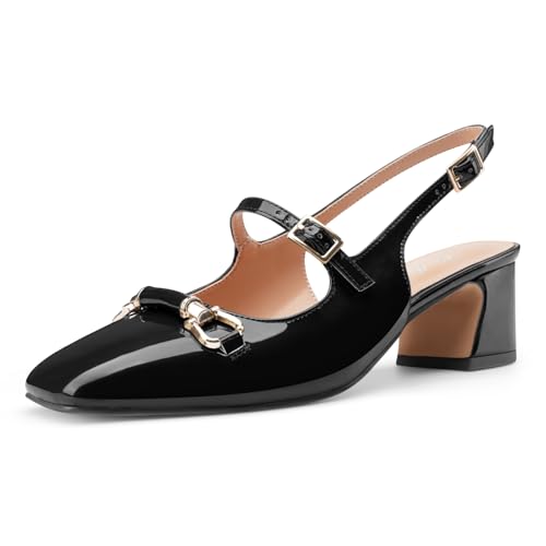 Oh Mispares Slingbacks Block Heels for Women Square Toe Low Heels Adjustable Buckle Strap Slip on Fashion Slingback Spring Summer Dress Pumps,(Black Size 10.5)