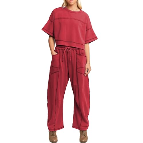 Talakeno Womens 2 Pieces Sweatsuit Set Cropped Boxy T Shirt Drawstring Wide Leg Pant Travel Tracksuit Casual Outfits(Red,S)