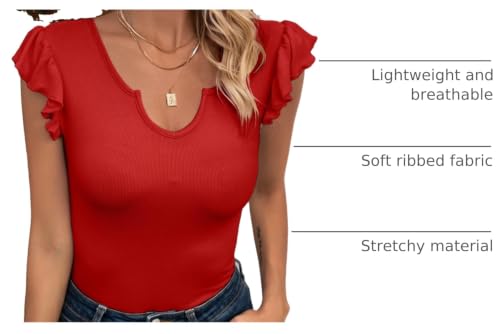 Image of VICHYIE Summer Women Ruffle Cap Sleeve Pretty Fitted Shirt | Ribbed Knit, Basic, Casual, Fashion Blouse, Solid Color