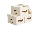 StorageWorks Storage Bins with Lids, Decorative Storage Boxes with Lid and PU Handles, Foldable Storage Baskets for Closet, Shelves, Stackable, Ivory, Medium, 3-Pack