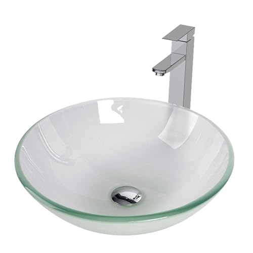 SOLIDEE Bathroom Vessel Sink, Tempered Glass Vanity Round Bowl with Chrome Faucet and Pop up drain Set, Frosted
