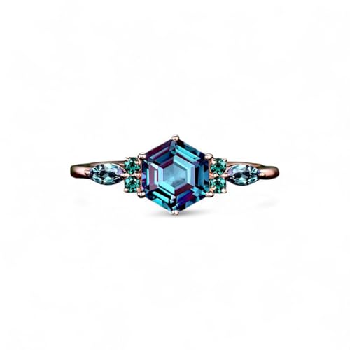 Hexagon Cut Alexandrite Ring – Vintage Rose Gold Dainty Engagement Ring for Women – Marquise & Emerald Cut Gemstone Ring – Unique Promise Ring Gift - Main Image
