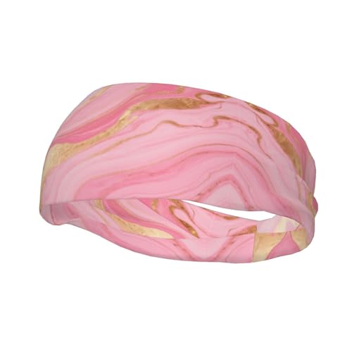 Boys Girls Sports Sweatbands, Multipurpose Long Head Band for Yoga Fitness Shower, Fashion Pink Golden Marble Texture Art Headwear Head Decor