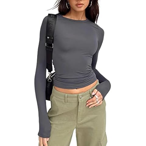KMBANGI Women Crewneck Skinny Shirt Long Sleeve Basic Slim Crop T Shirts Knit Ribbed Layer Tee Tops Fashion Streetwear, Solid Gray, S Cover