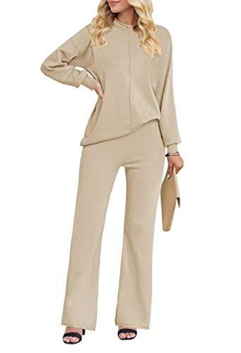 Linsery Womens Tracksuits Winter Casual Two Piece Set Women Knitted Loose Sweater Pullover Top Wide Leg Pants Suit Outfit Apricot Medium #TOP10