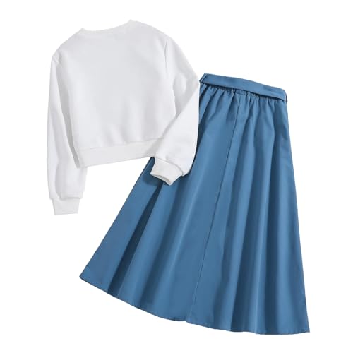 Image of Girls autumn dress Character Print pullover Sweatshirt With Solid Button Front Skirt 2 piece outfit 7-13 Years