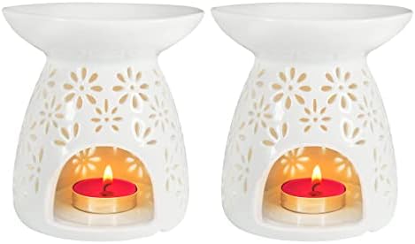 HwaGui - Ceramic Tea Light Holder & Wax Warmer Set of 2, Aromatherapy Essential Oil Burner, Great Decoration for Living Room, Balcony, Patio, Porch and Garden