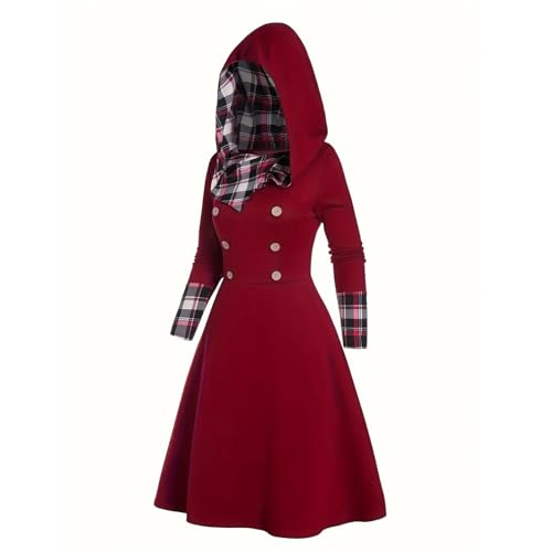 Duohropke Damen Rollkragen Kapuzenpullover Kleid Vintage Kariertes Patchwork Kapuzenkleid Strickpullover Mittellanges Wollkleid Langarm Skaterkleid...